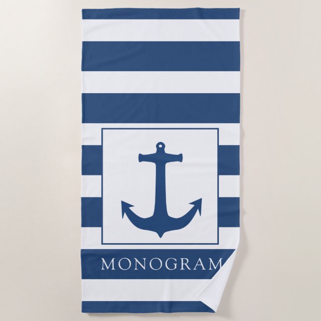 Navy Blue Anchor Custom Monogram Beach Towel (Front)