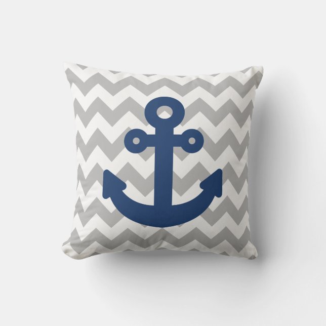 Navy Blue Anchor Light Grey Outdoor Pillow (Front)