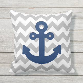 Navy Blue Anchor Light Grey Outdoor Pillow