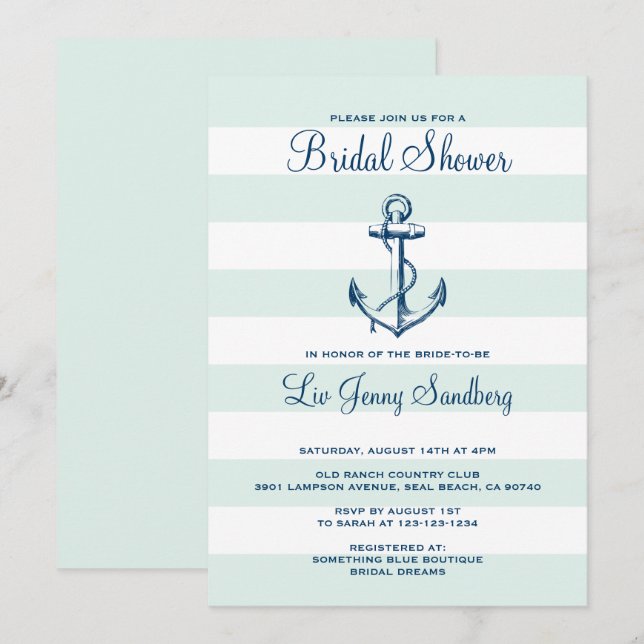 Navy Blue Anchor & Mint Stripes Bridal Shower Invitation (Front/Back)