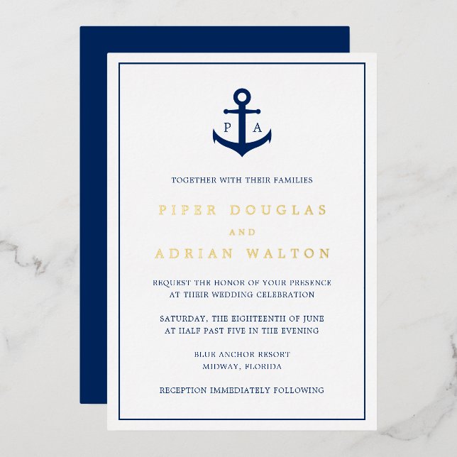 Navy Blue Anchor Monogram Nautical Wedding Gold (Front/Back)