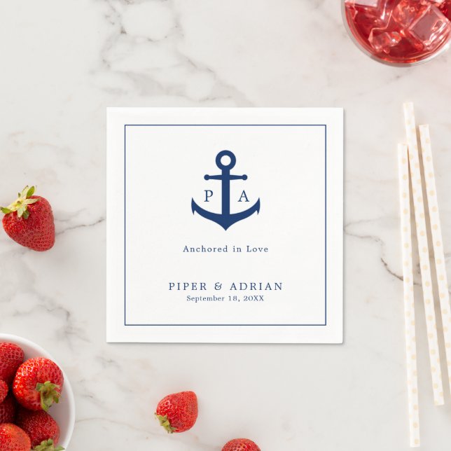 Navy Blue Anchor Monogram Nautical Wedding Napkin (Insitu)