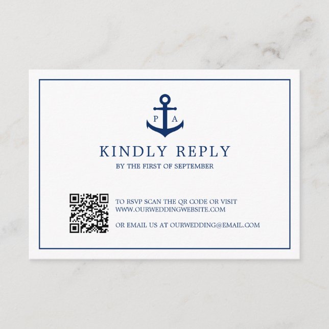 Navy Blue Anchor Monogram QR Code Nautical Wedding RSVP Card (Front)