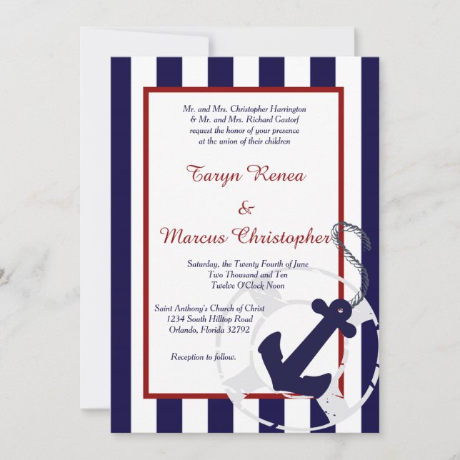 Navy Blue Anchor Nautical 5x7 Wedding Invitation (Front)