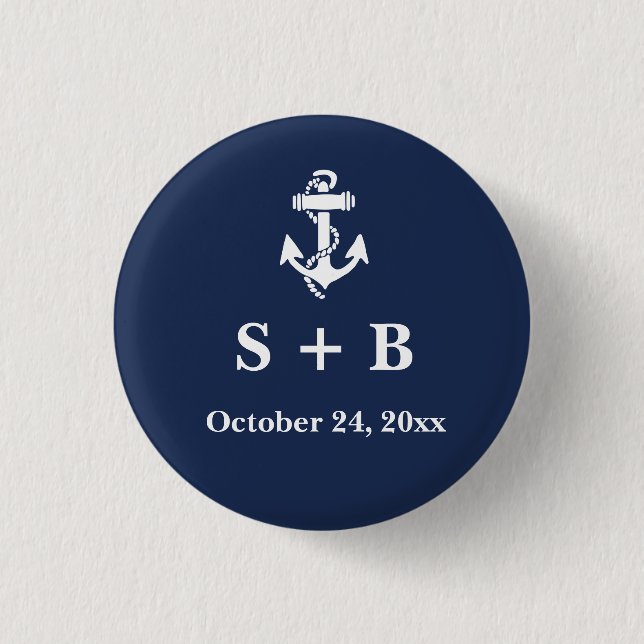 Navy Blue Anchor Nautical Beach Ocean Wedding  1 Inch Round Button (Front)