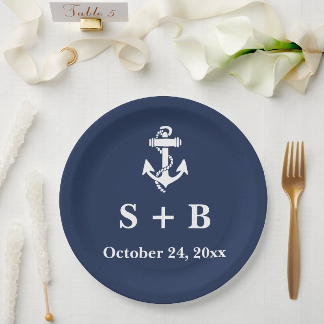 Navy Blue Anchor Nautical Beach Ocean Wedding  Paper Plate (Wedding)