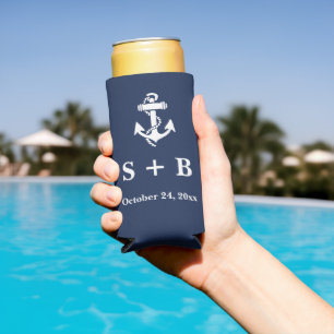 Navy Blue Anchor Nautical Beach Ocean Wedding Seltzer Can Cooler