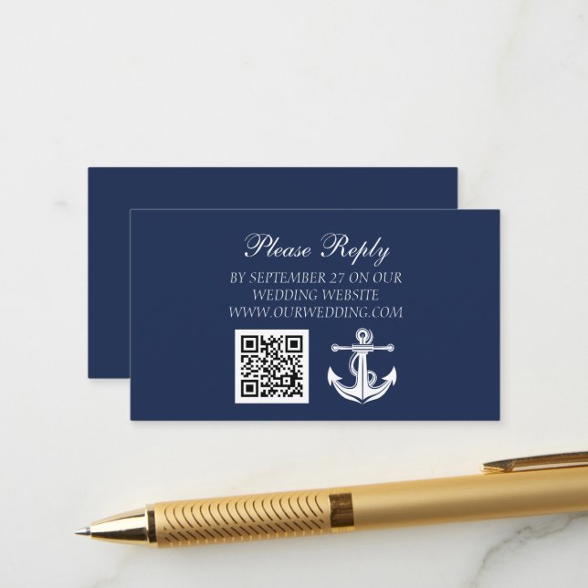 Navy Blue Anchor Nautical Beach QR Code Wedding  Enclosure Card (Front/Back In Situ)