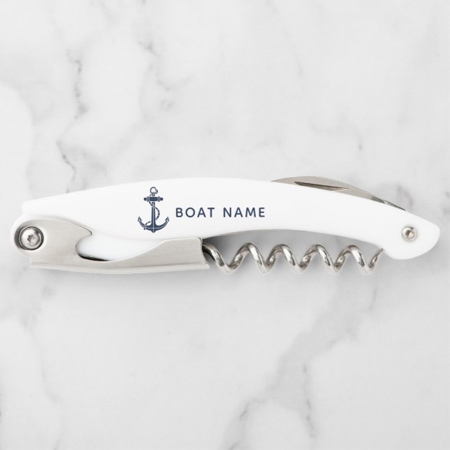 Navy Blue Anchor Nautical Boat Name Custom Corkscrew (Front)