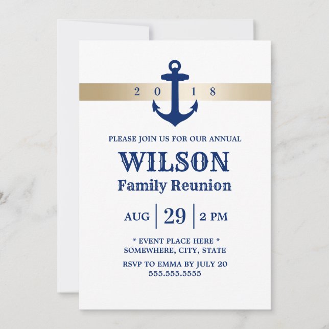 Navy Blue Anchor Nautical Family Reunion Invitation (Front)
