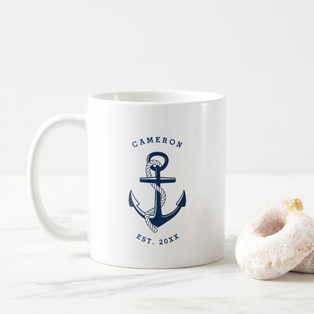 Navy Blue Anchor Nautical Personalized Mug (With Donut)