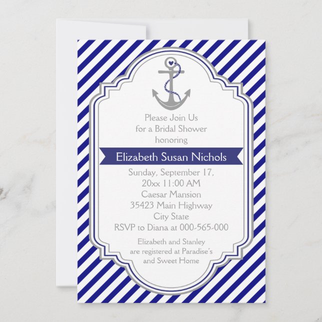 Navy blue anchor nautical wedding bridal shower invitation (Front)