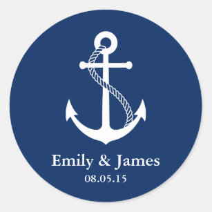 Navy Blue Anchor Nautical Wedding Favour Classic Round Sticker