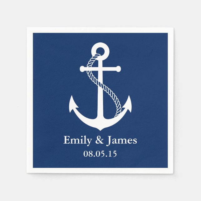 Navy Blue Anchor Nautical Wedding Napkin (Front)