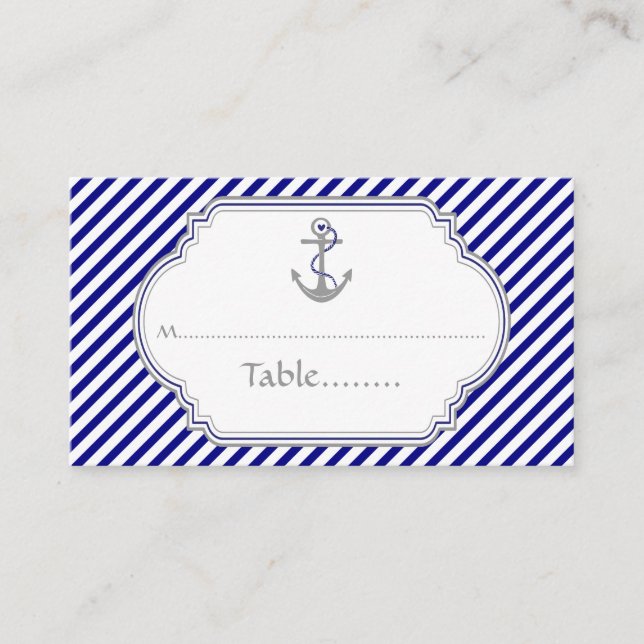 Navy blue anchor nautical wedding place card (Front)