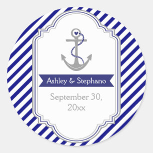 Navy blue anchor nautical wedding Save the Date Classic Round Sticker