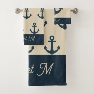 Navy Blue Anchor on Beige Coastal Decor Bath Towel Set