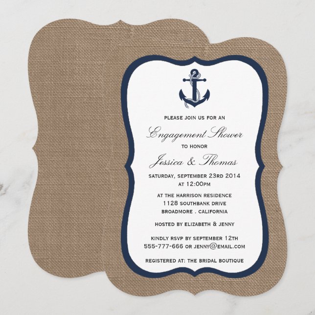 Navy Blue Anchor On Burlap Nautical Engagement Invitation (Front/Back)