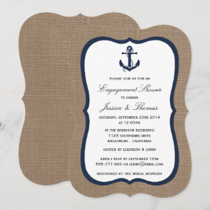 Navy Blue Anchor On Burlap Nautical Engagement Invitation