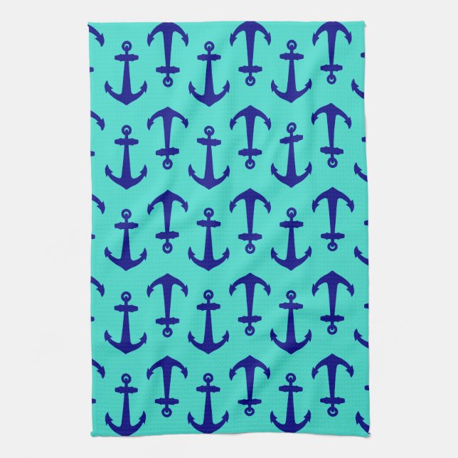 Navy Blue Anchor On Turquoise Coastal Decor Kitchen Towel (Vertical)