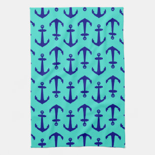Navy Blue Anchor On Turquoise Coastal Decor Kitchen Towel