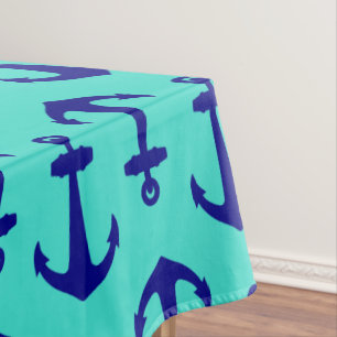 Navy Blue Anchor On Turquoise Coastal Decor Tablecloth