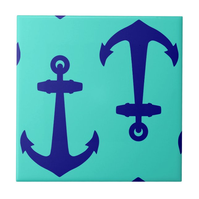 Navy Blue Anchor On Turquoise Coastal Decor Tile (Front)