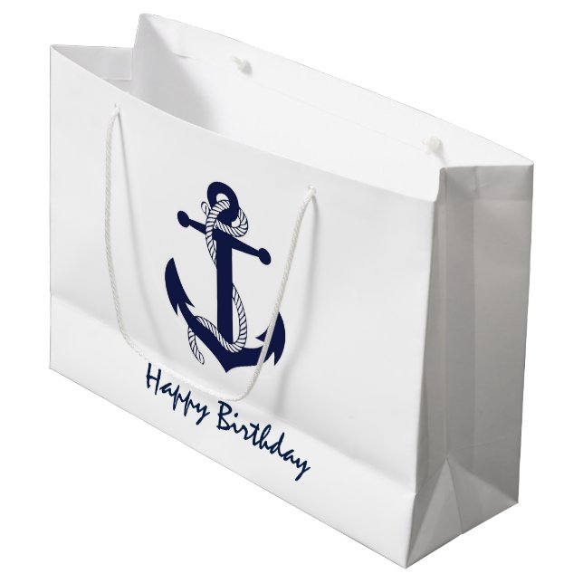 Navy Blue Anchor on White Nautical Birthday Large Gift Bag (Front Angled)