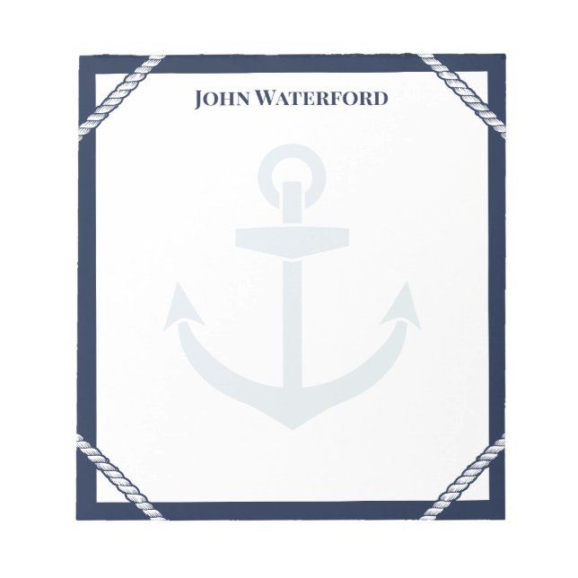 Navy Blue Anchor & Rope Nautical Add Your Name Notepad (Front)