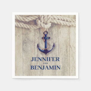 Navy Blue Anchor Rustic Driftwood Nautical Wedding Napkin