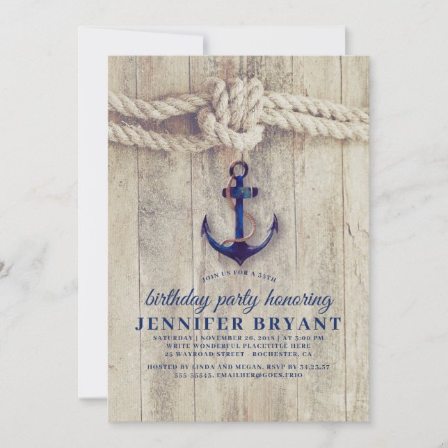 Navy Blue Anchor Rustic Nautical Birthday Invitation (Front)