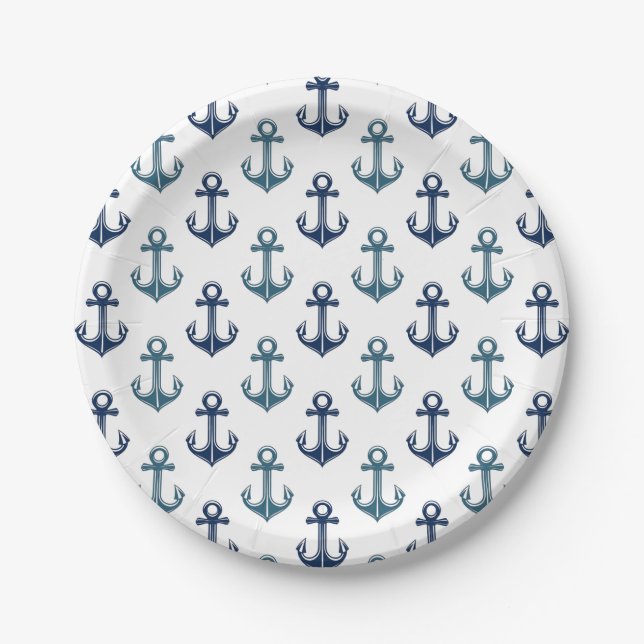 Navy Blue Anchor Sailing Two-Tone | Nautical Paper Plate (Front)