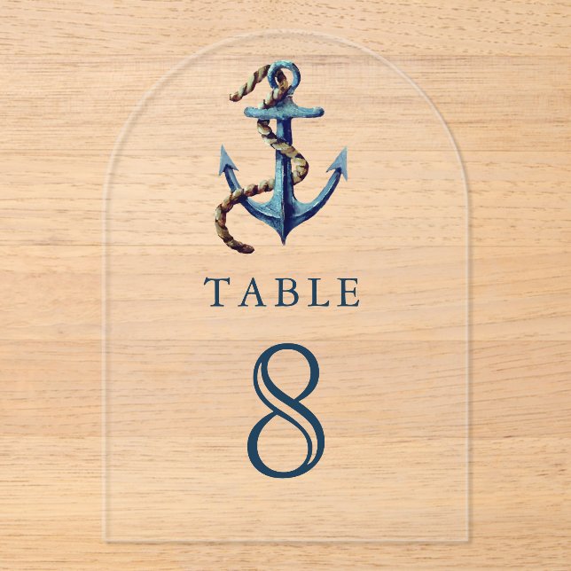 Navy Blue Anchor Wedding Acrylic Table Number (Front)