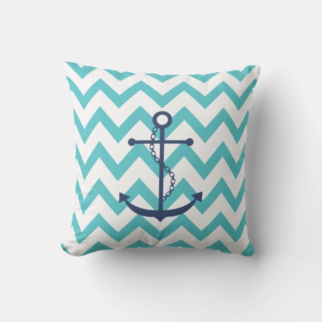 Navy Blue Anchor with Aqua Chevron Pattern Outdoor Pillow (Front)