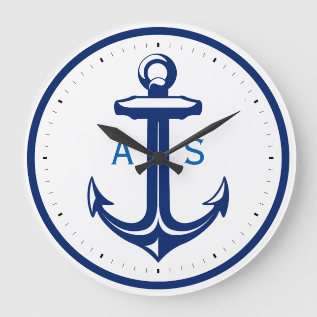 Navy blue anchor with initials | Nautical Gifts Large Clock (Front)