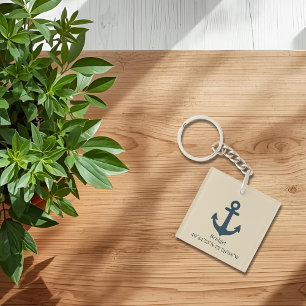 navy blue Anchor with Name and Coordinates Keychain