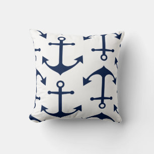 Navy Blue Anchors on White – Timeless Nautical Throw Pillow