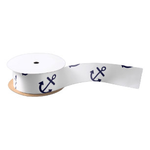 Navy Blue Anchors White Background Pattern Satin Ribbon