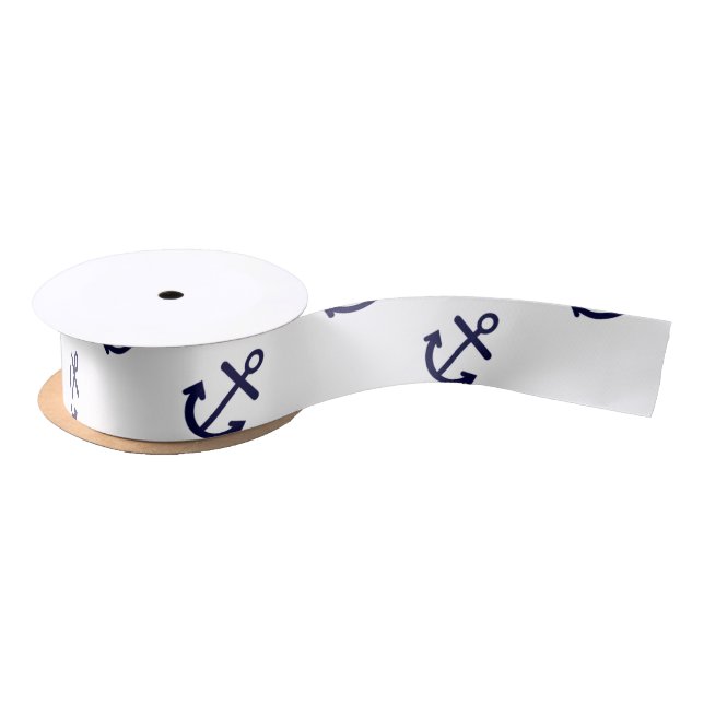 Navy Blue Anchors White Background Pattern Satin Ribbon (Spool)