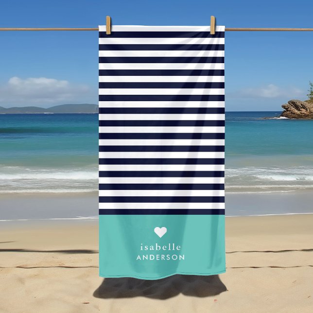 Navy Blue and Aqua Chic Stripes Heart Monogram Beach Towel (Creator Uploaded)