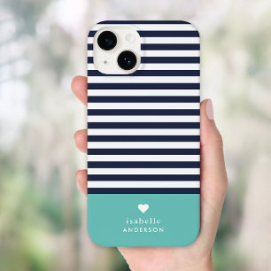 Navy Blue and Aqua Chic Stripes Heart Monogram Case-Mate iPhone 14 Case