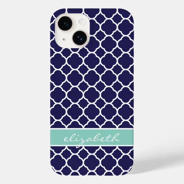 Navy Blue and Aqua Quatrefoil Custom Monogram Case-Mate iPhone Case (Back)