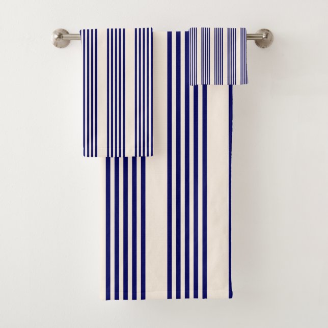 Navy blue and beige five stripes pattern bath towel set (Insitu)