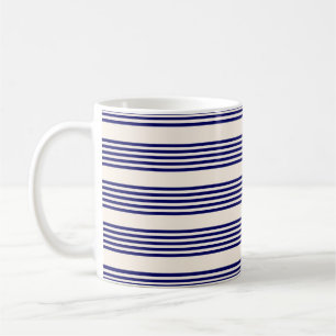 Navy blue and beige five stripes pattern coffee mug