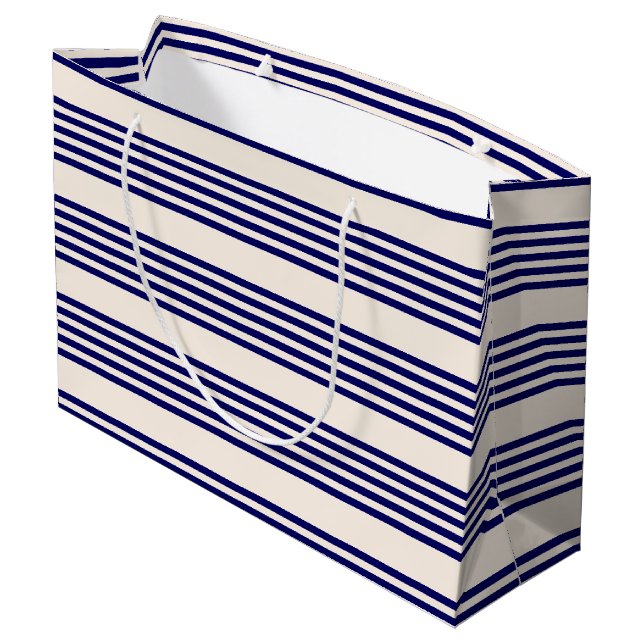 Navy blue and beige five stripes pattern large gift bag (Back Angled)
