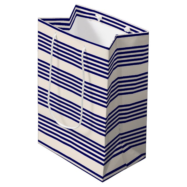 Navy blue and beige five stripes pattern medium gift bag (Front Angled)