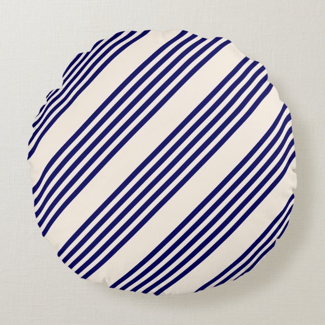 Navy blue and beige five stripes pattern round pillow (Front)