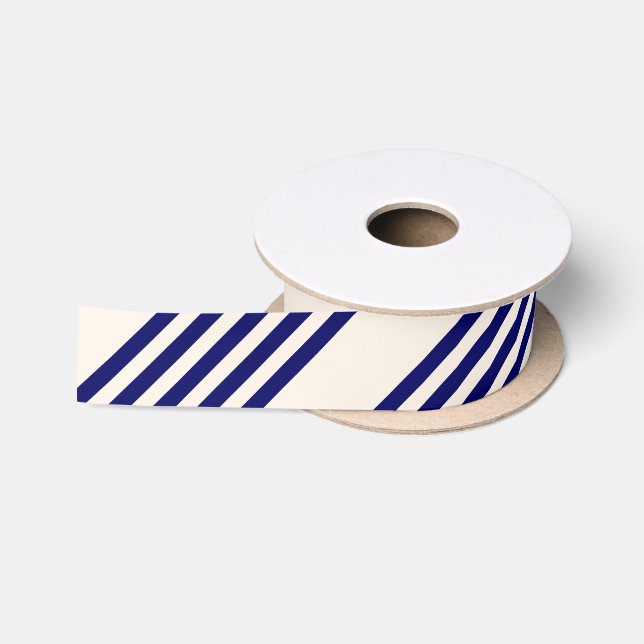 Navy blue and beige five stripes pattern satin ribbon (Spool)