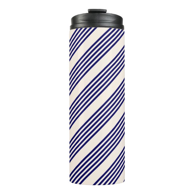 Navy blue and beige five stripes pattern thermal tumbler (Front)