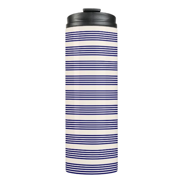 Navy blue and beige five stripes pattern thermal tumbler (Front)
